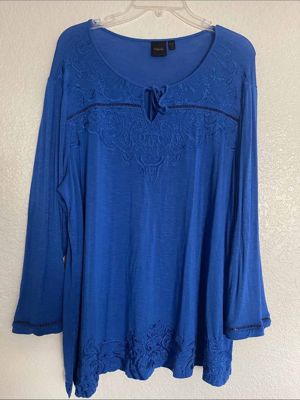 Rafaella Royal Blue Embroidered Long Sleeve Scoop Neck Tee
